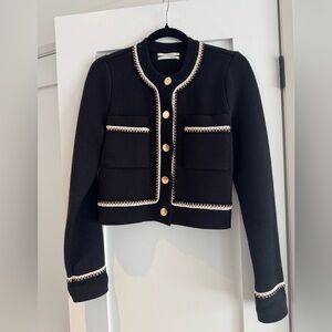 Anthropologie thick knit Cropped Tweed-Trim Cardigan with Gold Buttons